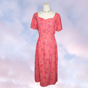 Vtg 90s Pink Floral Hibiscus Linen Tie Back Short Sleeve Coquette Dress Sz M